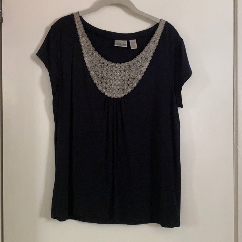 Chico’s Blouse with silver neck detailing. Size 3